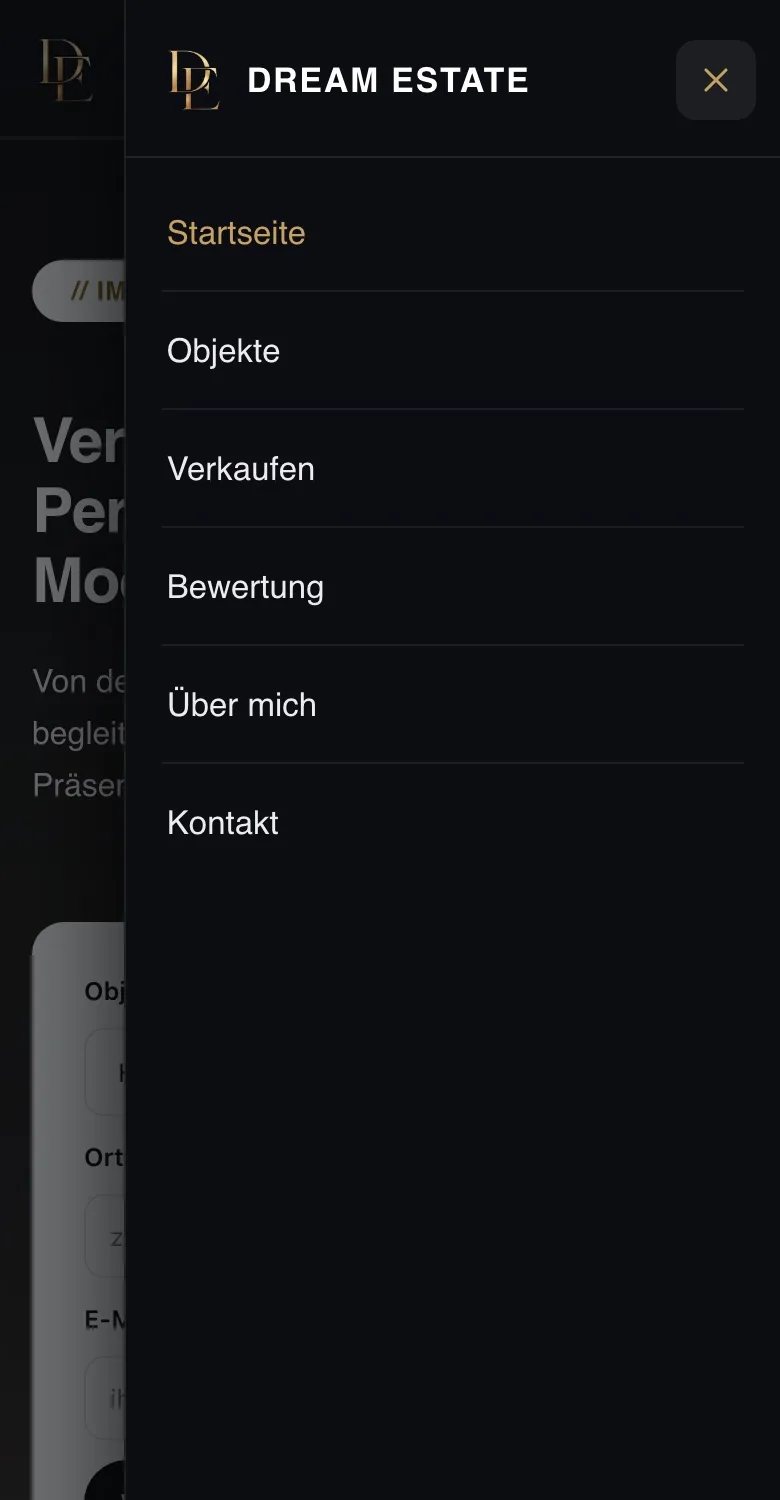 Dream Estate Immobilien – Mobiles Menü (Case Study von Pixoraa)
