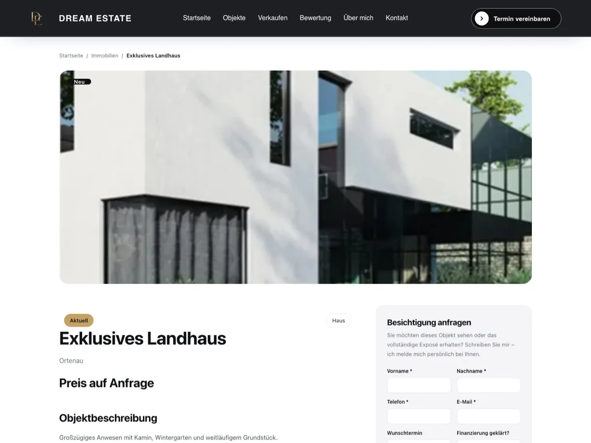 Dream Estate Immobilien – Objektdetailseite (Case Study von Pixoraa)