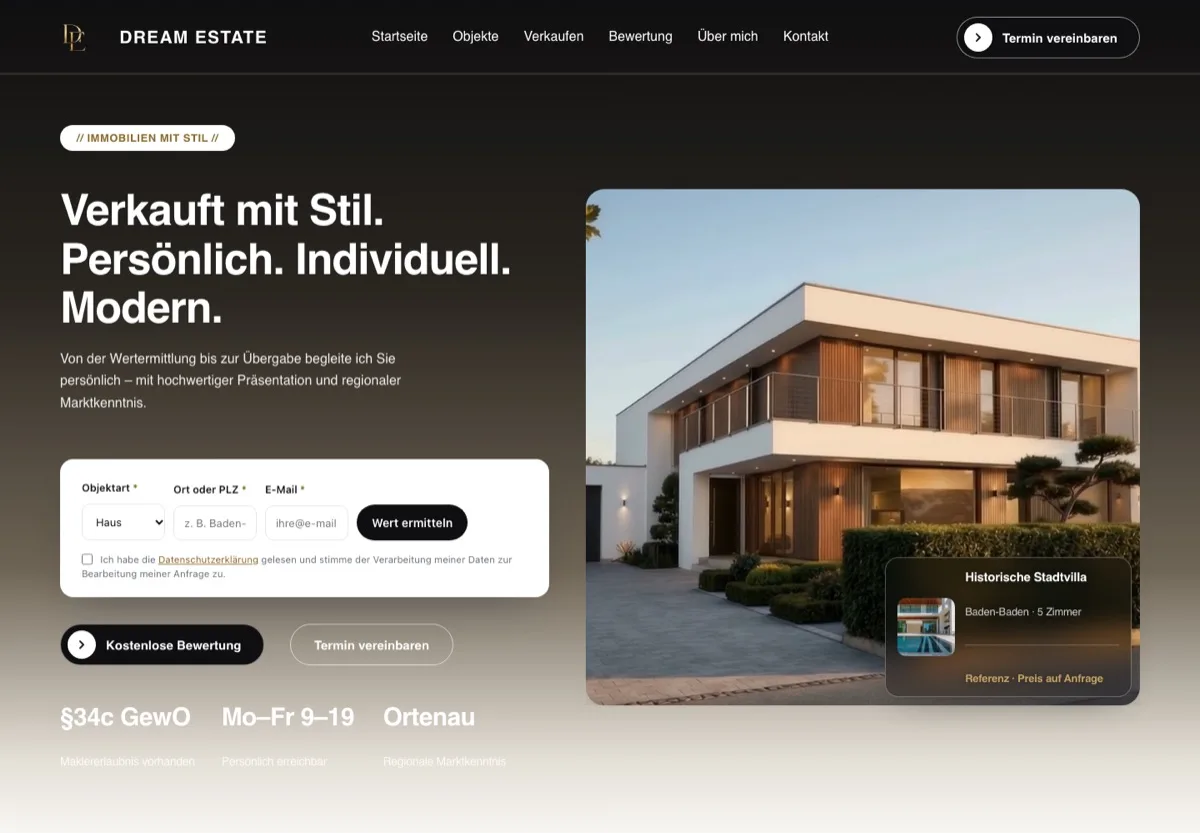 Dream Estate Immobilien – Startseite (Case Study von Pixoraa)