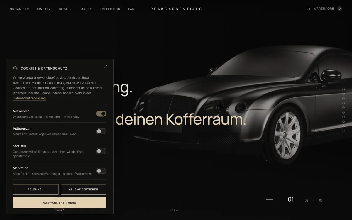 PEAKCARSENTIALS – Cookie-Banner (Case Study von Pixoraa)