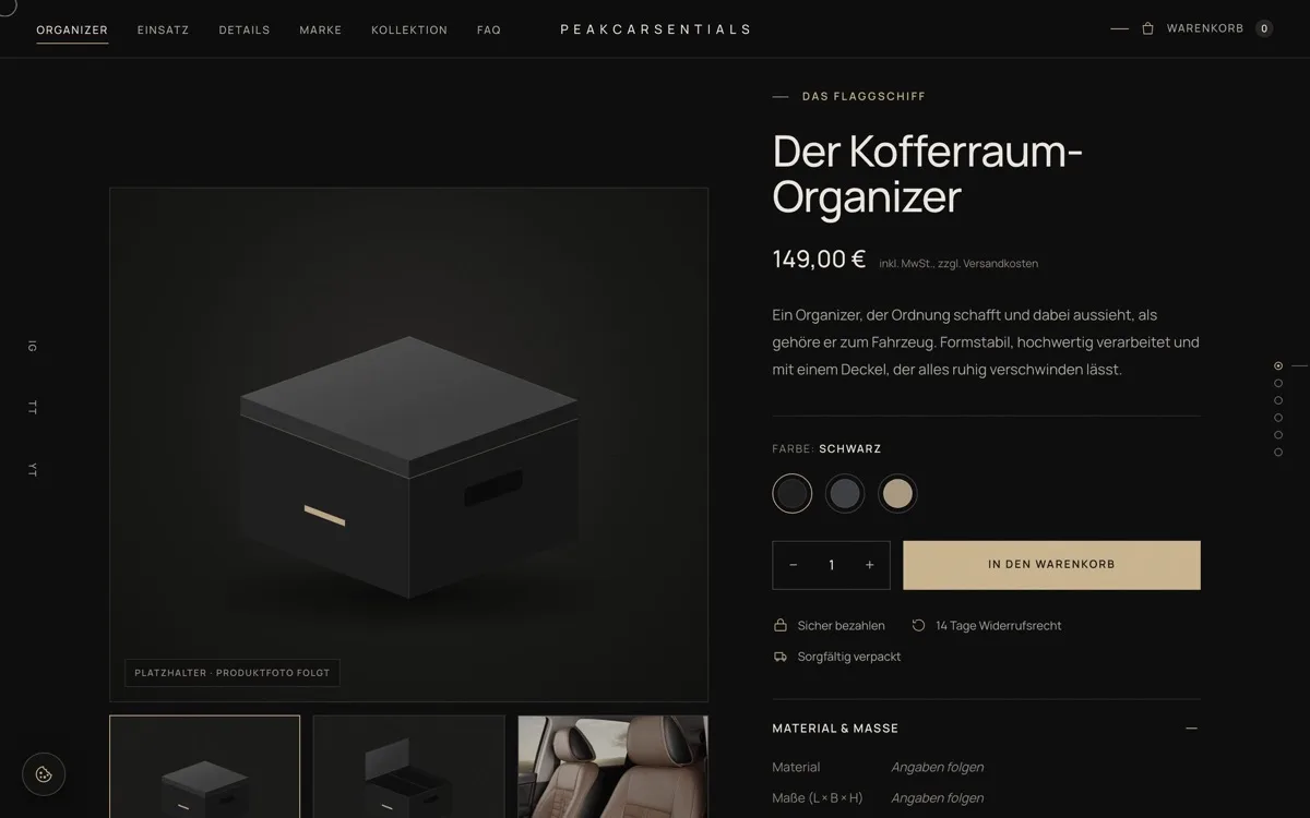 PEAKCARSENTIALS – Produktseite (Case Study von Pixoraa)