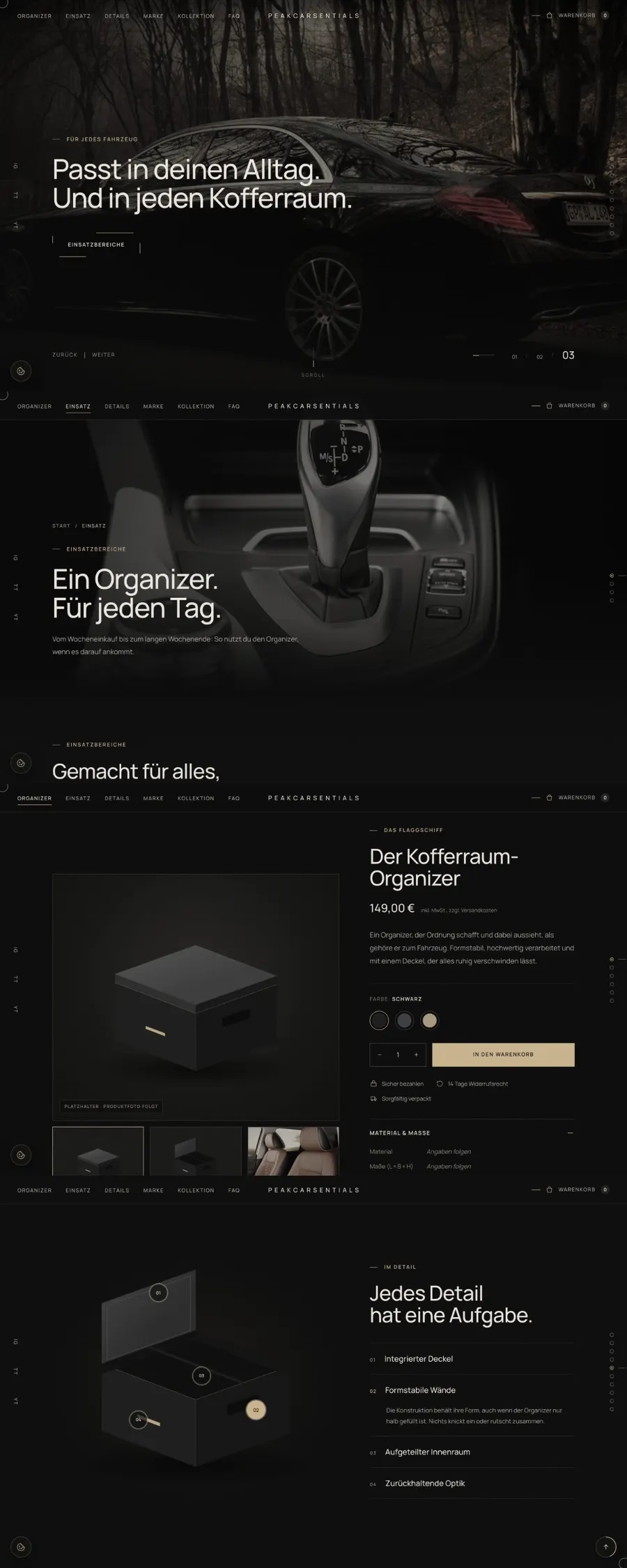 PEAKCARSENTIALS – Startseite der Website (Case Study von Pixoraa)