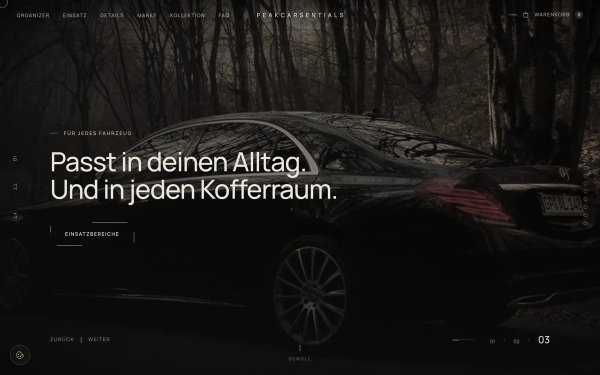 PEAKCARSENTIALS – Startseite (Case Study von Pixoraa)